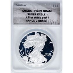 2008-W $1 Proof American Silver Eagle Coin ANACS PR69DCAM First Strike