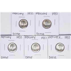 Lot of (5) 1937 Mercury Dime Coins