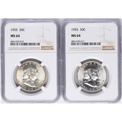 Lot of (2) 1955 Franklin Half Dollar Coins NGC MS64