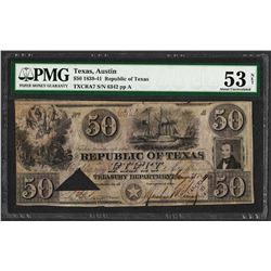 1839-41 $50 Republic of Texas Obsolete Note TXCRA7 PMG About Uncirculated 53 Net