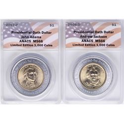 Lot of (2) 2007-2008 Presidential Oath Dollar Coins ANACS MS66