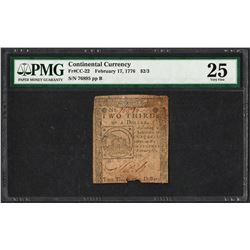 February 17, 1776 $2/3 Continental Currency Note Fr.CC-22 PMG Very Fine 25
