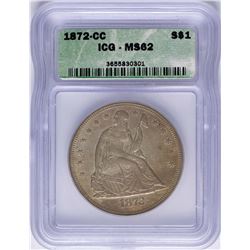 1872-CC $1 Seated Liberty Silver Dollar Coin ICG MS62