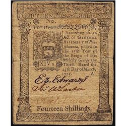 March 25, 1775 Pennsylvania Fourteen Shillings Colonial Currency Note