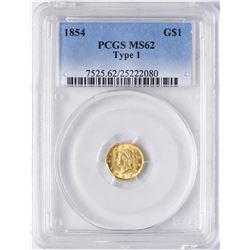 1854 Type 1 $1 Liberty Head Gold Dollar Coin PCGS MS62
