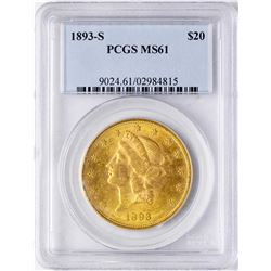 1893-S $20 Liberty Head Double Eagle Gold Coin PCGS MS61