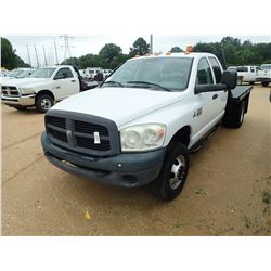 2008 DODGE RAM 3500 FLATBED, VIN/SN:3D6WG48A68G243016 - CREW CAB, CUMMINS ENGINE, 6 SPEED TRANS, 9' 