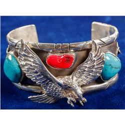 Cuff of Silver, Turquoise & Coral  (90687)