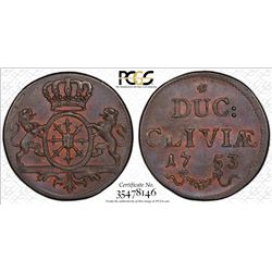 CLEVES: Frederick II, of Prussia, 1740-1786, AE duit, 1753, KM-53, PCGS graded MS64 BR.