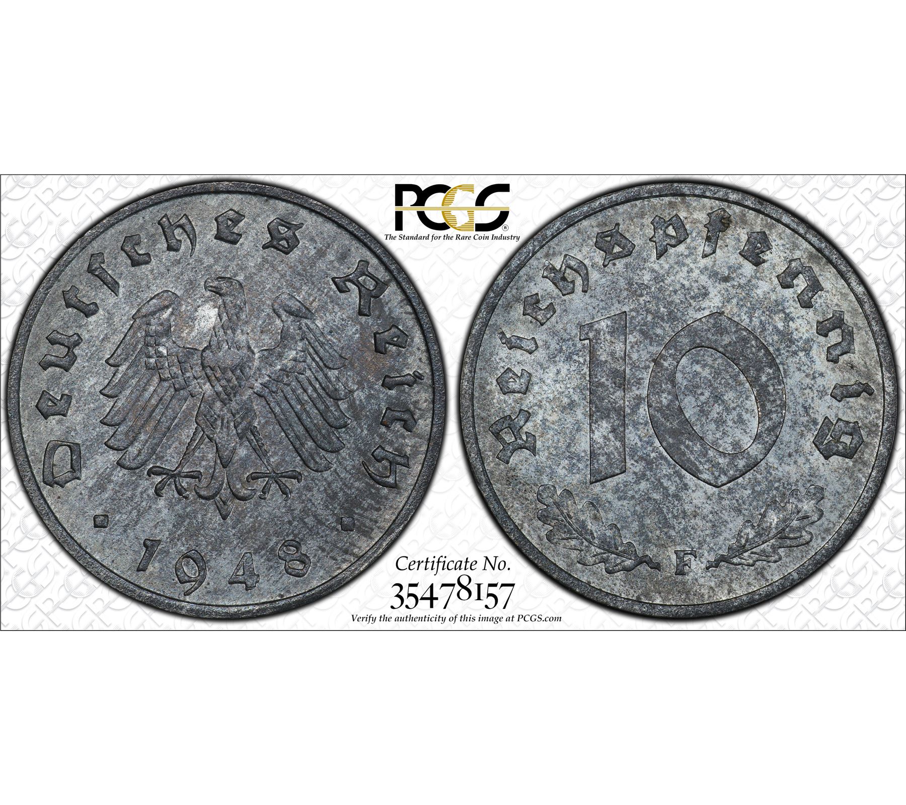 GERMANY Allied Occupation 10 Pfennig 1948 F KM A104 J 375 PCGS GERMANY Allied Occupation 10 Pfennig 1948 F KM A104 J 375 PCGS