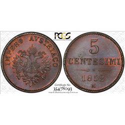 ITALIAN STATES: LOMBARDY-VENETIA: Franz Joseph I, of Austria, 1848-1866, AE 5 centesimi, 1852-M. PCG