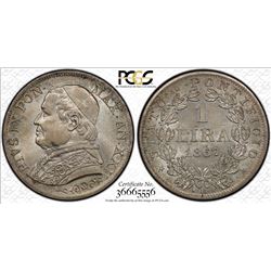 ITALIAN STATES: PAPAL STATES: Pius IX, 1846-1878, AR lira, 1867-R, year 22. PCGS MS64