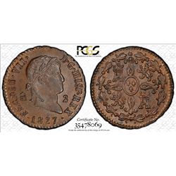 SPAIN: Fernando VII, 2nd reign, 1813-1833, AE 2 maravedis, Segovia, 1827. PCGS MS64