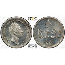 SWEDEN: Oscar I, 1844-1859, AR 1/32 riksdaler, 1852, KM-681, PCGS graded MS65.