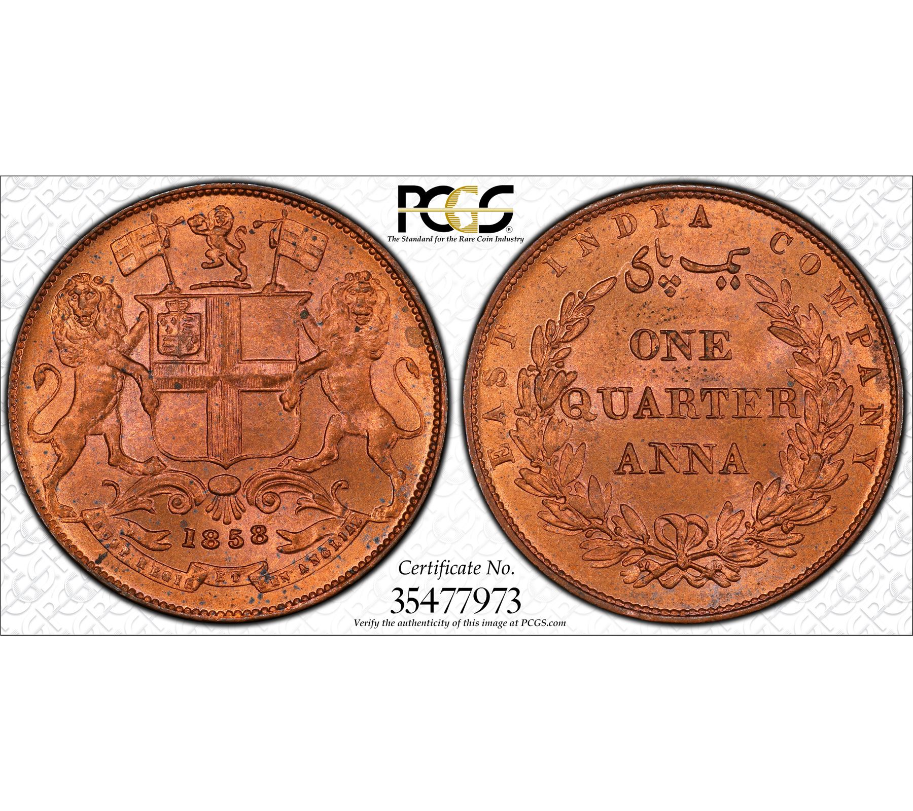British India Victoria Queen 17 1876 Ae 1 4 Anna 1858 W Pcgs Ms65