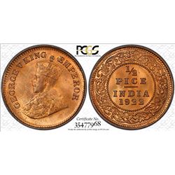 BRITISH INDIA: George V, 1910-1936, AE ½ pice, 1922(c), KM-510, PCGS graded MS65 RD+