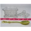 Image 8 : LOT OF 3 - MILK BOTTLE (1 QT), CONDIMENT DISH (SQUARE, W/LID & SPOON), POLISHED AMETHYST PIECES