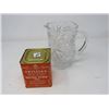 Image 1 : TEA TIN (TWINNINGS ORANGE PEKOE), WATER PITCHER (HEAVY GLASS)