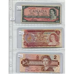 SHEET OF CNDN 2 DOLLAR BANK NOTES (1954, 74, 86)