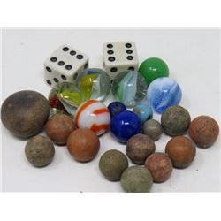 LOT OF MARBLES & DICE (GLASS AND CLAY MARBLES