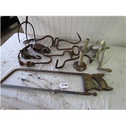 LOT OF MEAT HOOKS, MEAT SAW, SCRAPERS, GRINDER, ETC