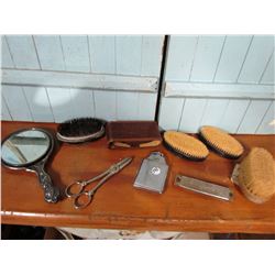 LOT OF ASSORTED (SHOE BRUSHES, SILVER PLATED MIRROR *DATED FEB. 14, 1911*, LIGHTER, HARMONICA, SCISS
