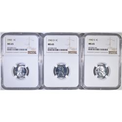 1943-P-D-S  LINCOLN STEEL CENTS, NGC MS-65