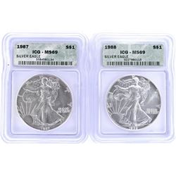 1987 & 1988 SILVER AMERICAN EAGLES  ICG MS-69