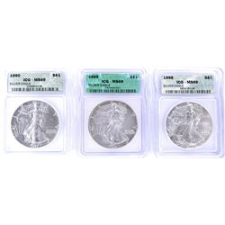 1990, 95, 98 SILVER AMERICAN EAGLES  ICG MS-69