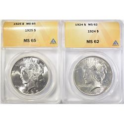 2 PEACE DOLLARS ANACS GRADED