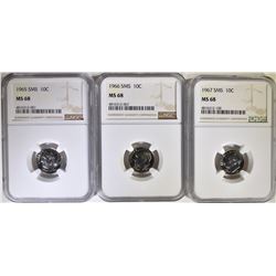 1965.66 & 67 SMS ROOSEVELT DIMES, NGC MS-68