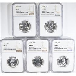( 5 ) 1964 WASHINGTON QTR NGC MS65