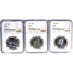 1957, 61 & 63 FRANKLIN HALF DOLLARS, NGC PF-67