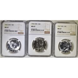 1965, 66 & 67 SMS KENNEDY HALF DOLLARS, NGC MS-67