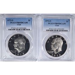 1973-S, & 74-S CLAD IKE DOLLARS PCGS PR-69DCAM