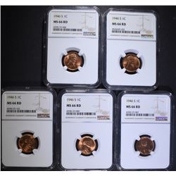 5 1946-S LINCOLN CENTS NGC MS-66 RD