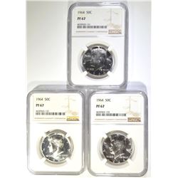 3-1964 KENNEDY HALF DOLLARS, NGC PF-67