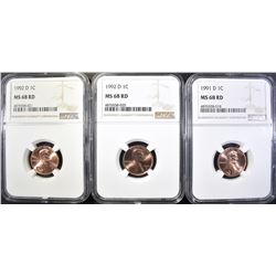 1991-D & 2-92-D LINCOLN CENTS, NGC MS-68 RED
