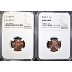 2-1996-D LINCOLN CENTS, NGC MS-68 RED