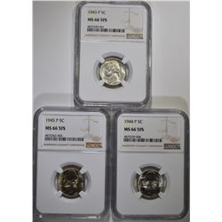 1943-P, 44-P, 45-P JEFFERSON NICKELS, NGC MS-66 FS