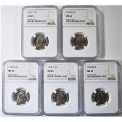 5 - 1950 D JEFFERSON NICKELS NGC MS65