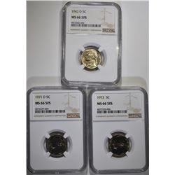 1943-D, 71-D & 73 JEFFERSON NICKELS, NGC MS-66 FS