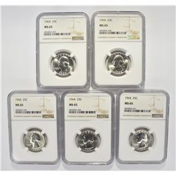 ( 5 ) 1964 WASHINGTON QTR NGC MS65