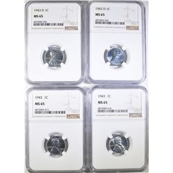 2-1943 & 2-43-D LINCOLN STEEL CENTS, NGC MS-65