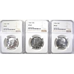 3-1964 KENNEDY HALF DOLLARS, NGC PF-67