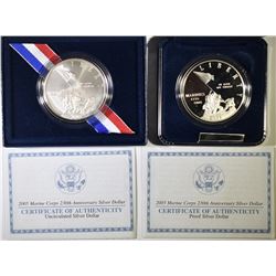 2005 MARINES PROOF & UNC COMMMEM SILVER DOLLARS