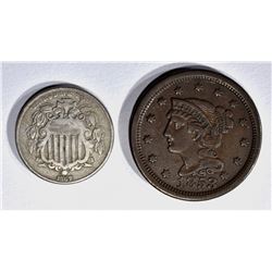 1853 LARGE CENT XF & 1867 N/R LIBERTY NICKEL VF