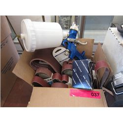 Box of Sandpaper Belts & Paint Sprayer