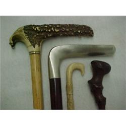 Three canes and a walking stick; the first cane wi