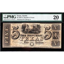 1839-41 $5 Republic of Texas Note PMG 20